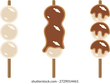 Conjunto de Ilustraciones vectoriales dango japonesas. Dango tradicional mitarashi con esmalte de salsa de caramelo en pincho de madera. Iconos minimalistas del arte de la línea para la cocina asiática, el postre del wagashi, y el diseño del menú de la comida.