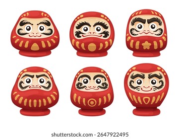 A set of Japanese Daruma dolls that feature unique facial expressions and decorations that symbolize good luck and fortitude, reflecting Japanese cultural beliefs and art.
