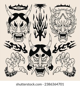 a set of japanese demon mask hand drawn sketch illustration