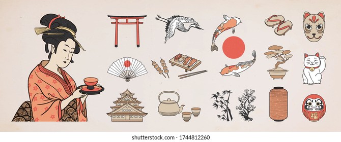 Set of Japanese design elements. Geisha Woman Illustration. Hand drawn vector illustration.