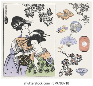 Set of Japanese design elements. Geisha Woman Illustration. Hand drawn vector illustration.