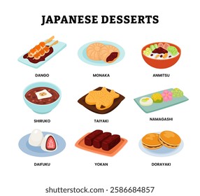 Set of japanese dessert collection, delicious traditional Japanese snack or meal, contain dango, monaka, anmitsu, shiruko, taiyaki, namagashi, daifuku, yokan, dorayaki, isolated on white background.