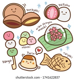 Set von japanischen Dessert Hand gezeichnet.Dorayaki,daifuku,mochi,dango,taiyaki.Sweet.Cartoon doodle.Japanese food.Kawaii.Kid Grafik.Sticker.Vector.Illustration.