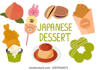 Se sirven postres japoneses. Postre japonés de comida callejera. Taiyaki, mochi, dango, nerikiri, purin.