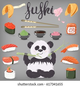 A set of Japanese dishes. Sushi, wasabi, ginger, cookies.