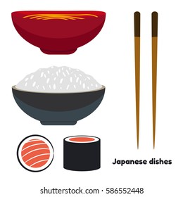 Set of Japanese dishes. Vector illustration