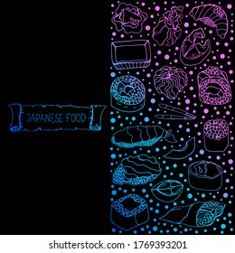 Set of Japanese dishes. Vector isolated illustration with elements of sushi, roll, fish, caviar, and shrimp. Seafood is isolated. Set of sea food for the design of the menu of cafes and restaurants. 