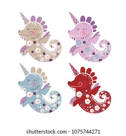 Set of Japanese dragon unicorn. For poster, invitation, seasons greetings post card, nursery. Vector illustration