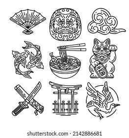 Set of japanese elements. Decoration object in the shape of ink lines. torii, koi, maneki neko, folding fan, ramen, japanese cloud, daruma, short sword with scabbard