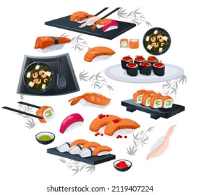 Set with Japanese food arranged in a circle. Roll Philadelphia. Sashimi sushi, miso soup, red caviar. Japanese cuisine in the restaurant. Isolated on white background. Flat style. Vector illustration.