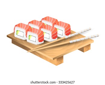 Set of japanese food with chopsticks and wooden tray. Sushi set with salmon. Vector illustration