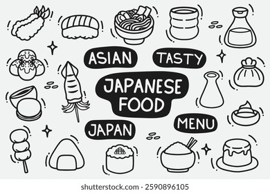 set of japanese food doodle good for background, wallpaper, element design, icon, printable, etc
