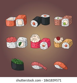 Set of Japanese food, fish rolls