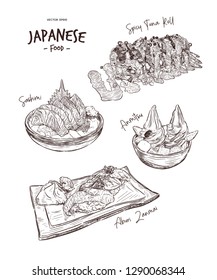 Set of Japanese food, Hand draw sketch vector. Spicy tuna roll, Ramen, Salmon Sashimi, Aburi zanmai and Anmitsu soft serve.