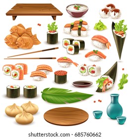 Set of japanese food including sushi, sake, rice in bowl, dumplings, wasabi, soy sauce isolated vector illustration