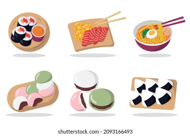 Set of Japanese food isolated on white background  graphic design icon set for advertisement, vector illustration