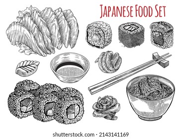 Set of japanese food isolated vector hand drawn illustrations. Sashimi, sushi rolls, maki, chukka, soy sauce, ginger, wasabi, chopsticks.