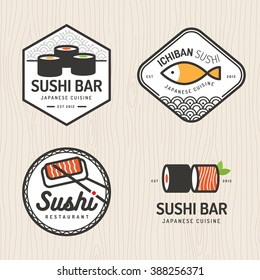Set of japanese food logo, badges, banners, emblem for asian food restaurant. Vector illustration.