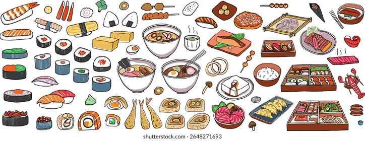 A set of Japanese food menu items isolated on a white background, including sushi, sashimi, ramen, and noodles. Illustrated with colored outlines. Vector and illustration.