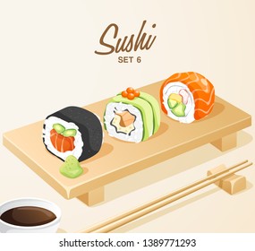Set of Japanese Food : Mixed Sushi Set on Wooden Plate : Vector Illustration
