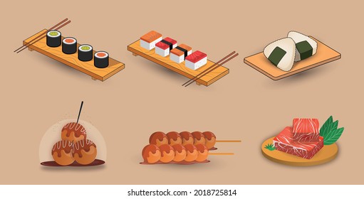 Set of japanese food, Suitable for any business related to sushi, takoyaki, Onigiri, wagyu beef, fast food restaurants, Korean food, Japanese, chinese food or any other business