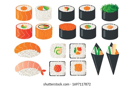 Set of Japanese food with sushi chopsticks and bowls with wasabi soy. Vector illustration in flat cartoon style.