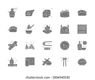 Set of Japanese Food and Sushi Gray Icons. Philadelphia Roll, Ginger, Temaki, Nigiri, Wasabi, Soy Sauce, Sake and more.