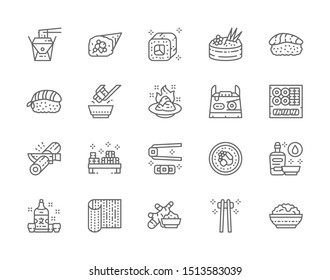 Set of Japanese Food and Sushi Line Icons. Philadelphia Roll, Ginger, Temaki, Nigiri, Wasabi, Soy Sauce, Sake and more.