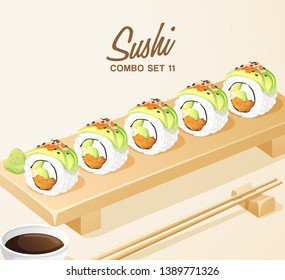 Set of Japanese Food : Sushi Set on Wooden Plate : Vector Illustration