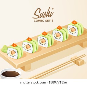 Set of Japanese Food : Sushi Rolls Set on Wooden Plate : Vector Illustration