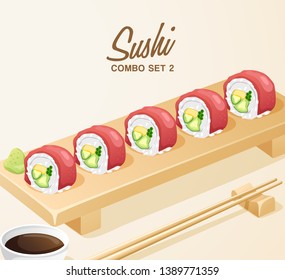 Set of Japanese Food : Sushi Rolls Set on Wooden Plate : Vector Illustration