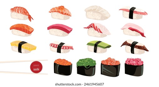 Set of Japanese food. Sushi, sashimi and rolls collection. Vector illustration of Asian food.