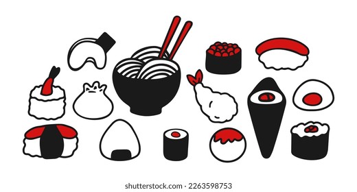 Set of Japanese food symbols. Draw the illustration by hand. Late style. Doodles. typography.
