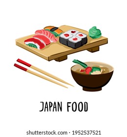 Set of Japanese food and tableware isolated on white. Symbols of Asian cuisine. Seafood soup, rolls and sushi. Japanese delicacies. Wooden food tray. Traditional cooking. Cartoon vector illustration