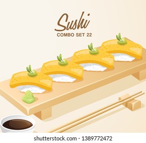 Set of Japanese Food : Tamago Sushi Set on Wooden Plate : Vector Illustration