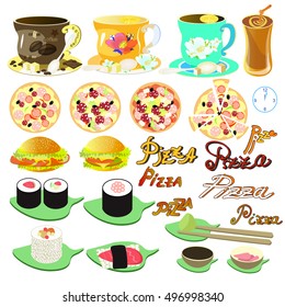 set of Japanese food, tea, coffee, pizza, burger vector illustration