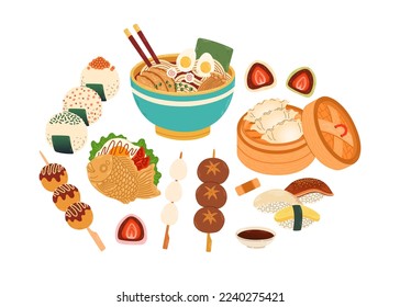 Set of Japanese Food. Vector for stickers, postcards, notebook. japanese cafe, bar, restaurant