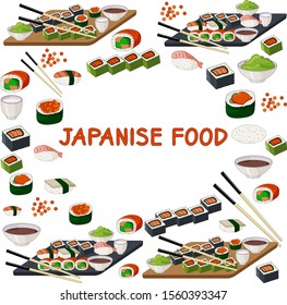 A set of Japanese food.On white background.It consists of various types of Japanese dishes.Can be used for menus of Japanese restaurants and bars.