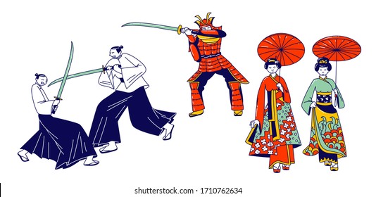Set of Japanese Geisha with Umbrella and Samurai Warriors Characters in Traditional Kimono Fighting on Swords, Antique Symbols of Japan Isolated on White Background. Linear People Vector Illustration