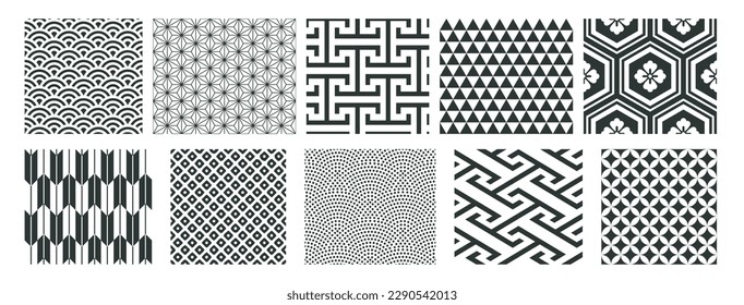 Set of japanese geometric seamless patterns. Traditional abstract patterns. Vector illustration