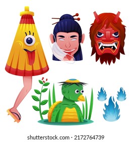 Set of Japanese ghosts in ancient legends, funny eye on umbrelly, It looks scary and amusing in cartoon style, vector illustration