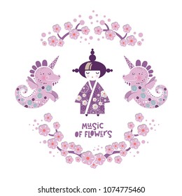 Set of Japanese girl and dragon unicorn. Kokeshi doll, umbrella, dragon, unicorn, flowers. Hand drawn text Music of flowers. For poster, invitation, seasons greetings post card.
