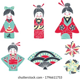 Set of Japanese Girl, Kokeshi doll with national Japanese kimono, blossom flowers and fan for packaging design, covers, packages, clothing, nursery. Modern japanese vector illustration in red, blue.