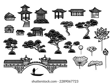  set of Japanese houses, pagoda, gazebos, bridge. Japanese landscape graphics with  bridge, silhouette of fisherman in boat , water lilies, houses, pagodas. black and white graphic illustration, engra