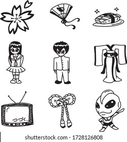 A Set of japanese icons suitable for asian culture content with doodle cartoon style