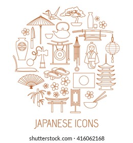 Set of Japanese icons. Vector illustration. Collection of design elements in Oriental style. Icons for web design in outline style.