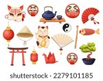 Set japanese kitsune mask, maneki neko cat, daruma doll with faces, kettle or teapot with cup on wooden table, hand fun, torii gate and conical bamboo hat in cartoon style isolated on white background