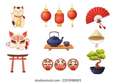 Set japanese kitsune mask, maneki neko cat, daruma doll with faces, kettle or teapot with cup on wooden table, hand fun, torii gate and conical bamboo hat in cartoon style isolated on white background