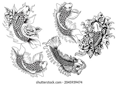 Set of Japanese Koi Fish black and white template in vintage style isolated vector illustration