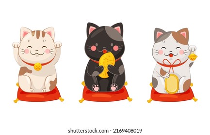Set of Japanese lucky cat maneki neko. Traditional Japan culture black and white cat dolls vector illustration